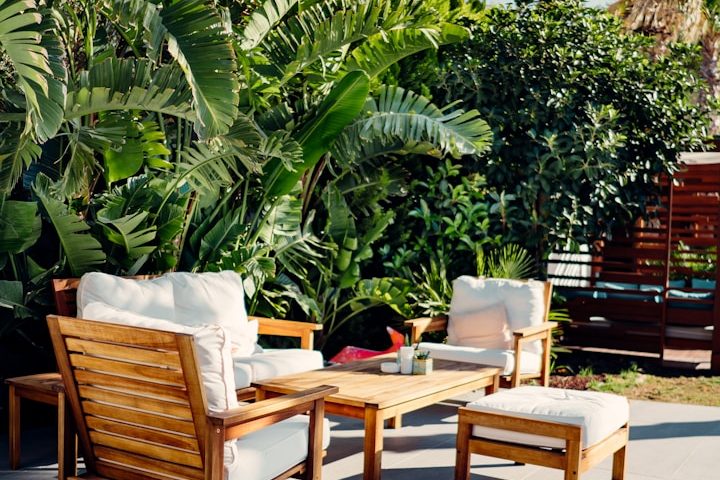 Gartenmöbel Holzmöbel mit bequemen Kissen, umgeben von üppigem Grün in einem Garten.